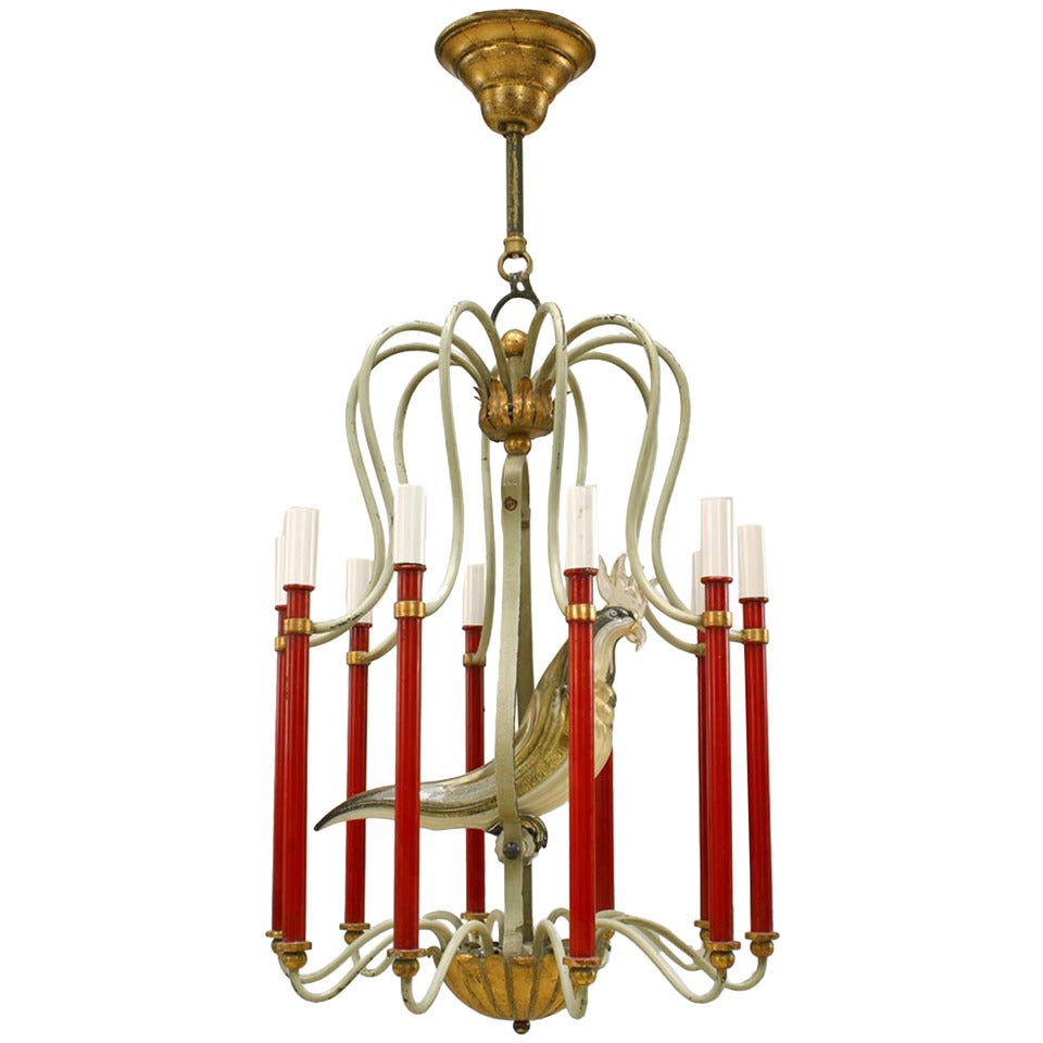 Bauges French Mid-Century Metal and Murano Glass Bird Chandelier