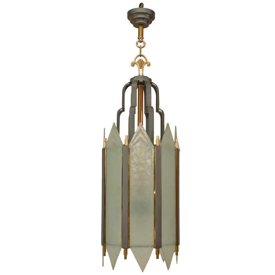 American Art Deco Iron and Frosted Glass Chandelier For Sale