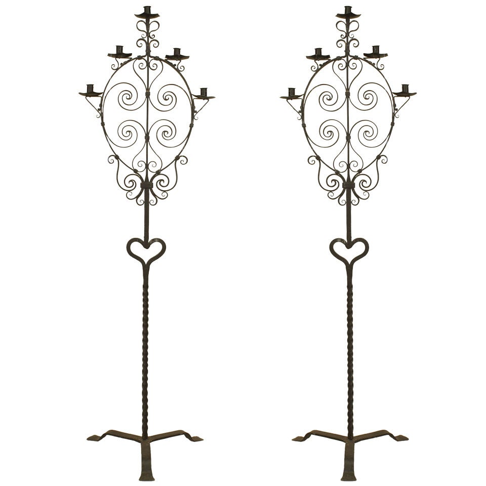 Pair of 20th c. Italian Renaissance Style Wrought Iron Torchieres For Sale