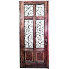 Large 19th C. Italian Oak And Glass Door With Copper Filigree 1