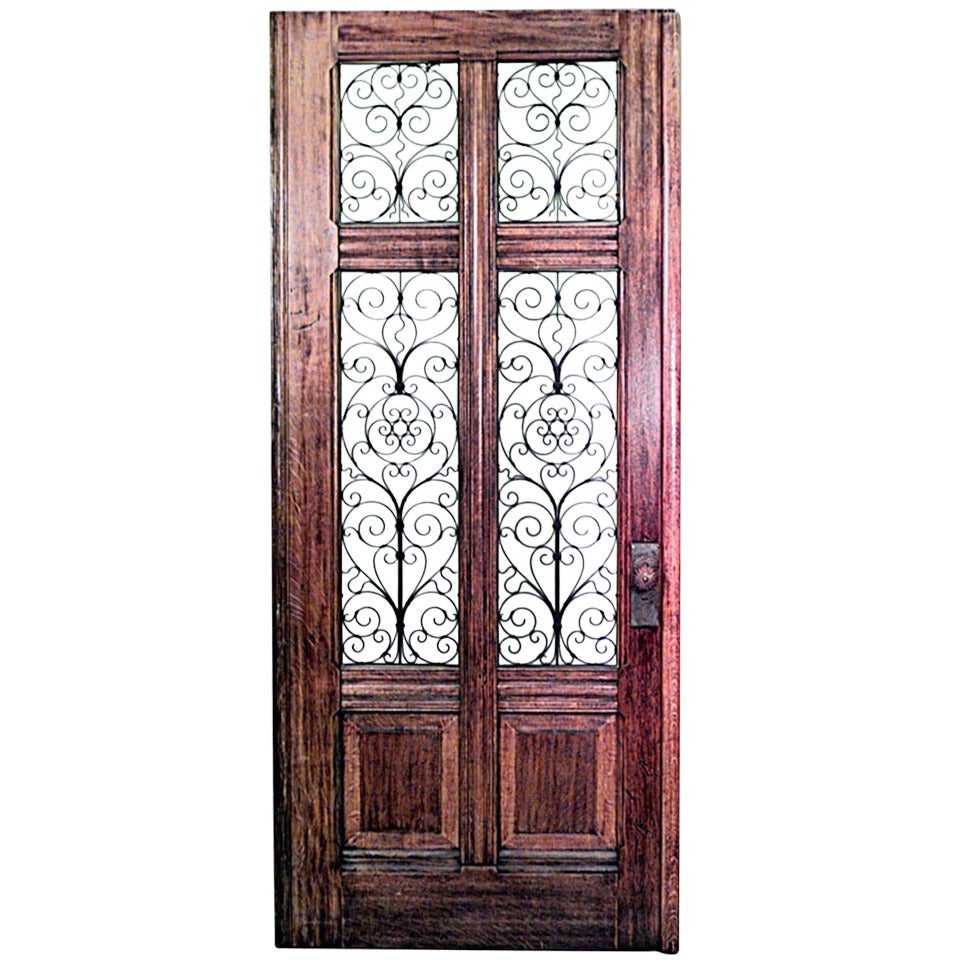 Large 19th C. Italian Oak And Glass Door With Copper Filigree