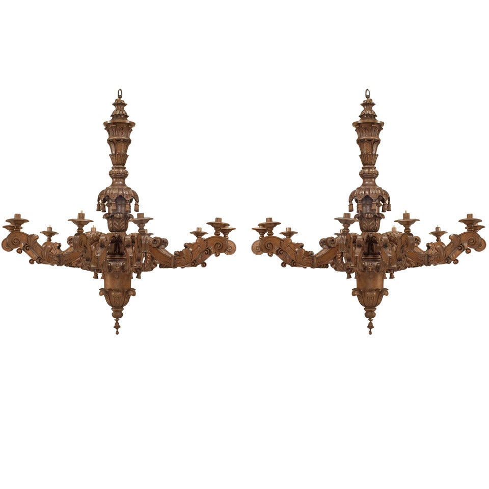 2 Italian Rococo Style Carved Oak Chandeliers For Sale