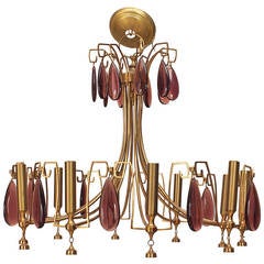 1940s Italian Brass and Amethyst Crystal Chandelier