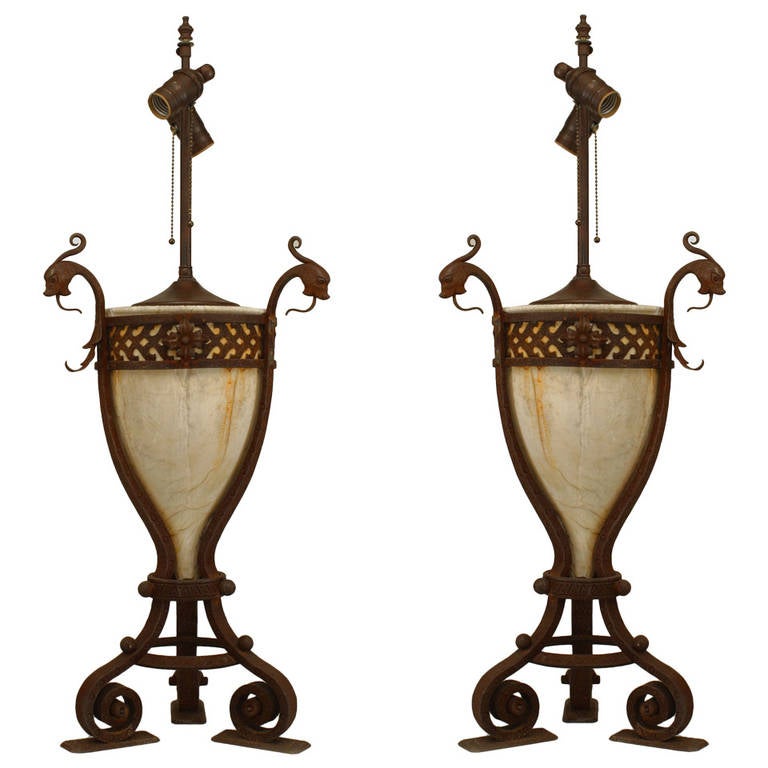 Pair of Turn of the Century Alabaster and Wrought Iron Lamps For Sale