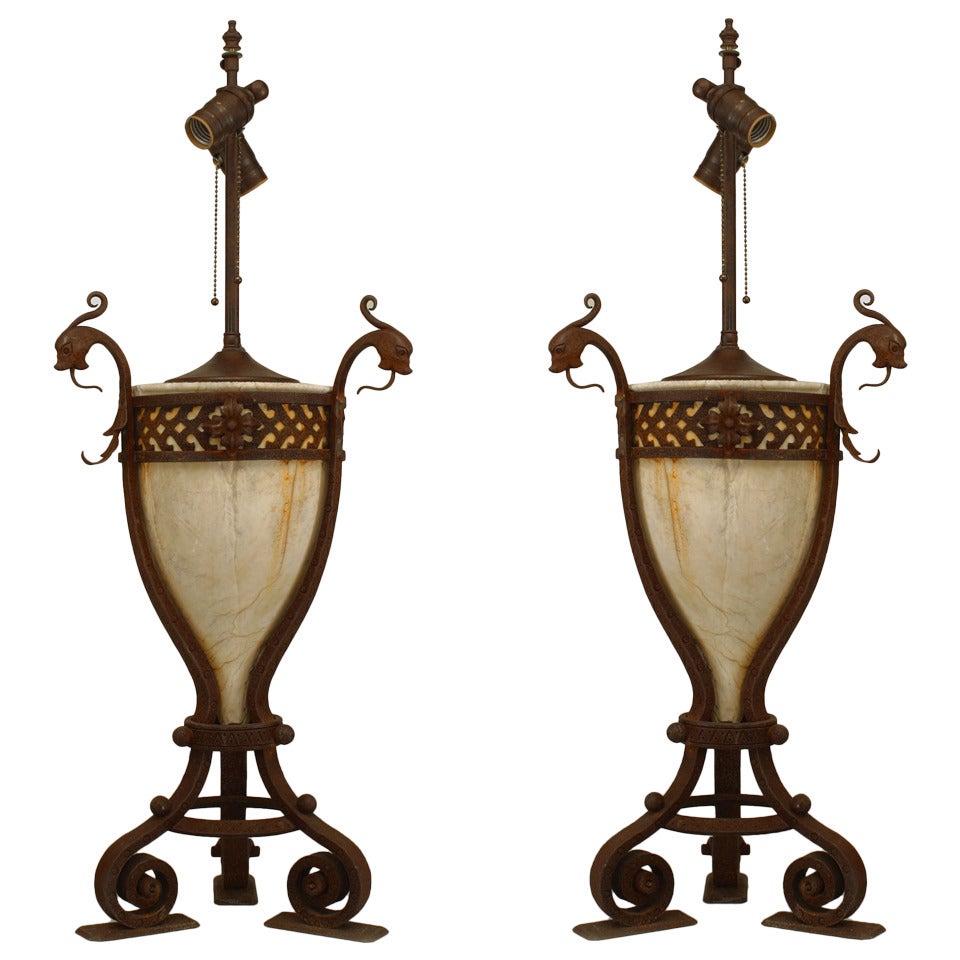 Pair of Italian Renaissance Style Iron and Alabaster Table Lamps For Sale