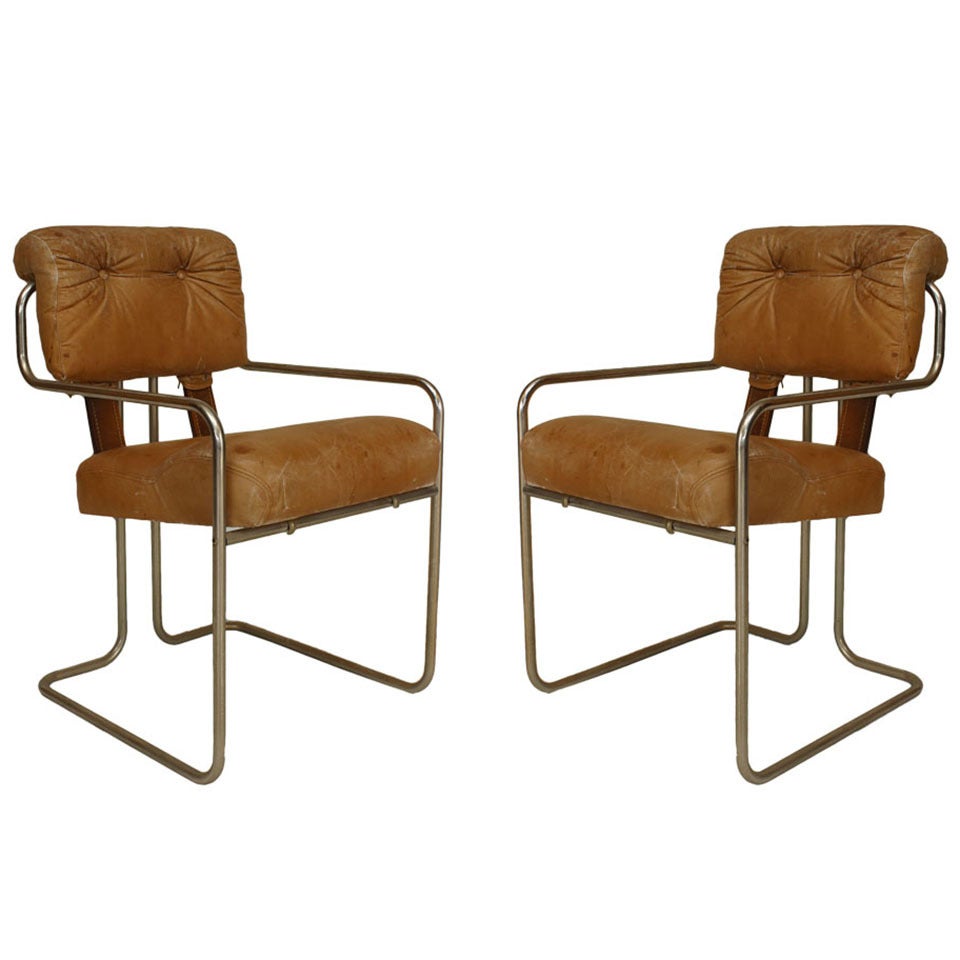 Set of 4 German Art Deco Brown Leather Arm Chairs For Sale