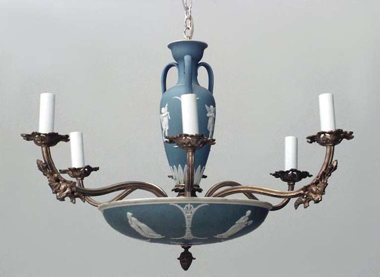 English Victorian bronze dore 6 arm chandelier with blue and white WEDGWOOD bowl and urn top.
