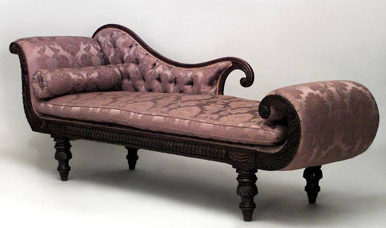 English Regency mahogany r√©camier with fluted and swirl design carved frame and plum damask upholstery.
