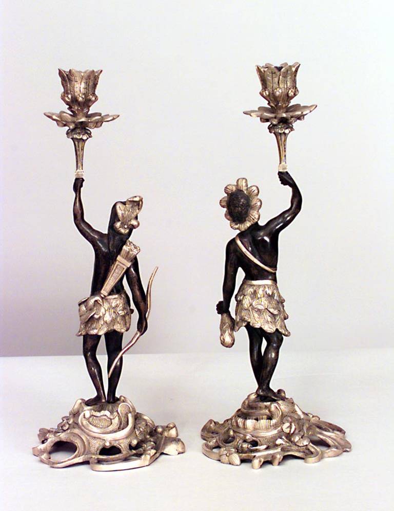 Pair of French Louis XV Bronze Dore Figural Candlesticks In Good Condition For Sale In New York, NY