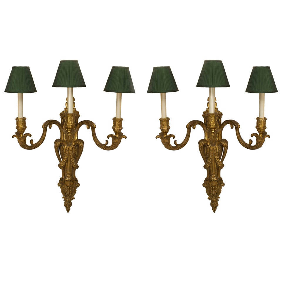 Pair of Louis XV Style Bronze Wall Sconces with Green Shades