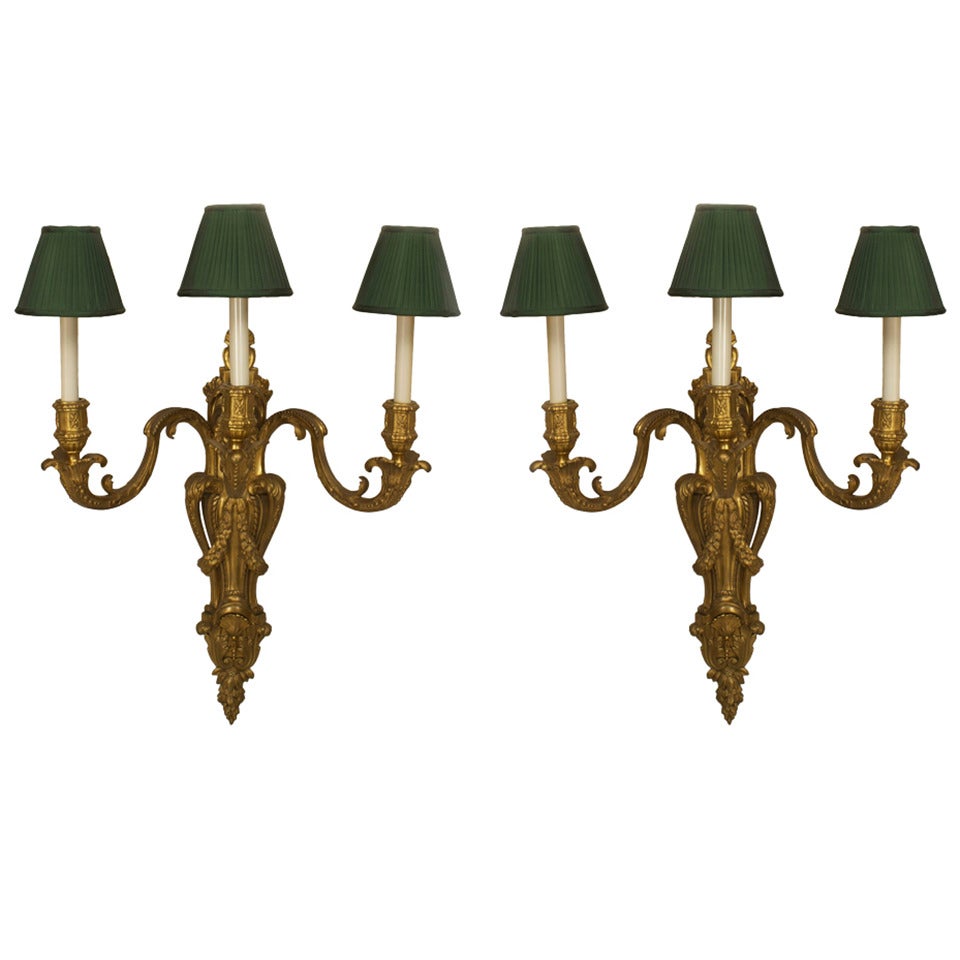 Pair of Louis XV Style Bronze Wall Sconces with Green Shades For Sale