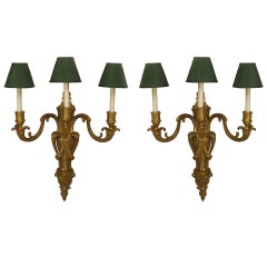 Antique Pair of Louis XV Style Bronze Wall Sconces with Green Shades