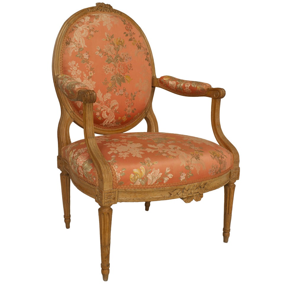 French Louis XVI Pink Floral Arm Chair For Sale