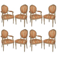 Antique Set of 8 French Louis XVI Damask Dining Chairs