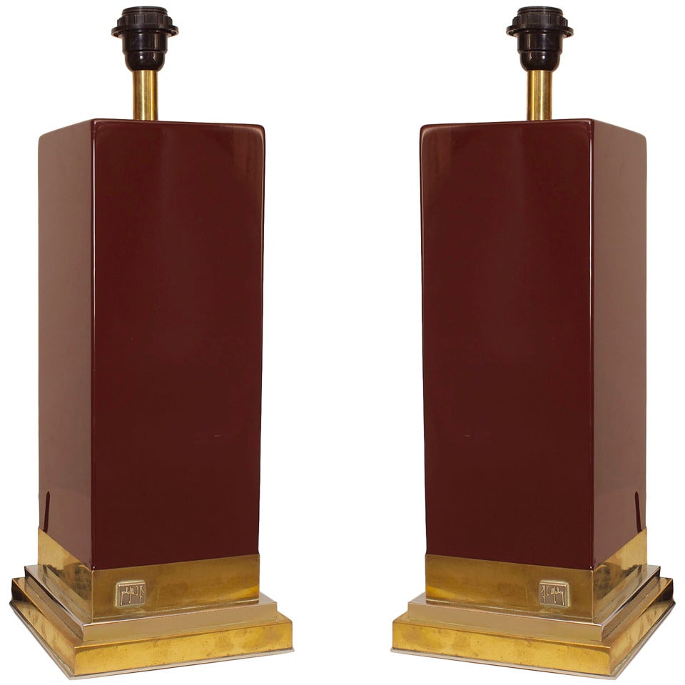Pair of French Post-War Mahey Maroon Lacquer Table Lamps