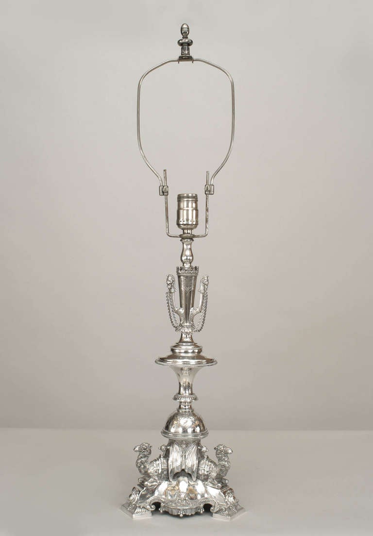 British Pair of English Regency Style Silverplate Camel Table Lamps For Sale