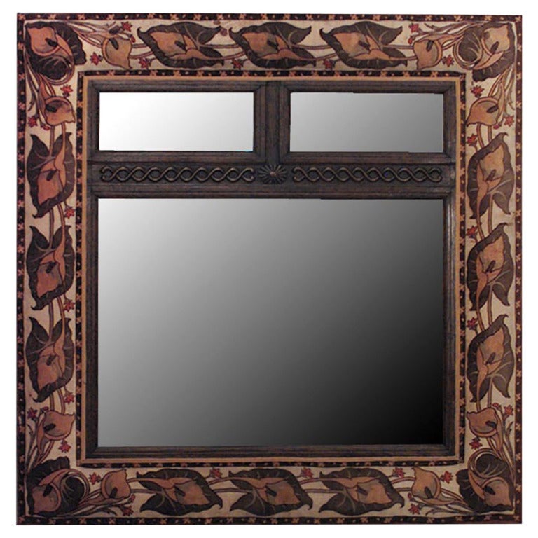 English Art Nouveau Wall Mirror Framed in Velvet For Sale at 1stdibs