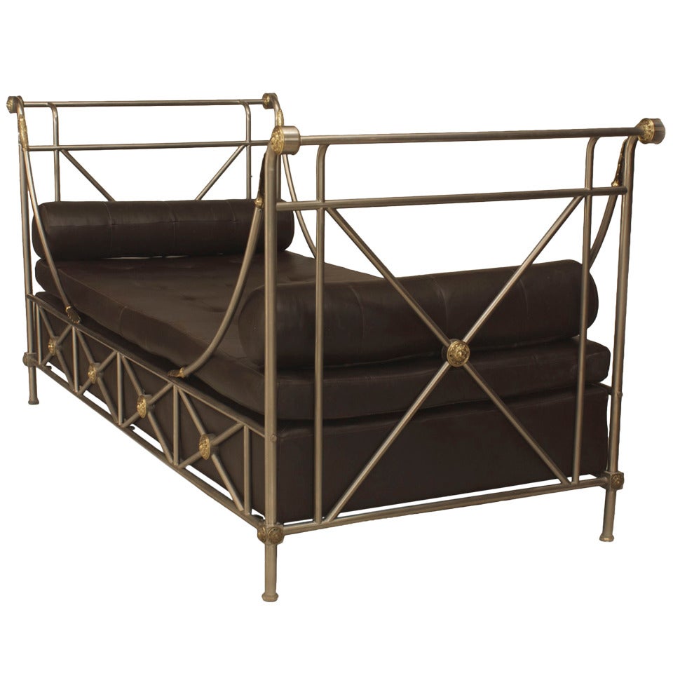 20th c. French Empire Style Leather and Steel Recamier