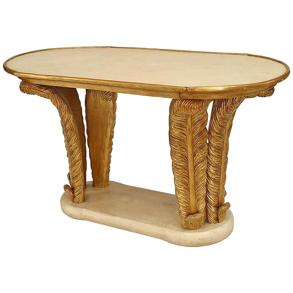 Italian Mid-Century Parchment and Giltwood Feather Design Coffee Table For Sale