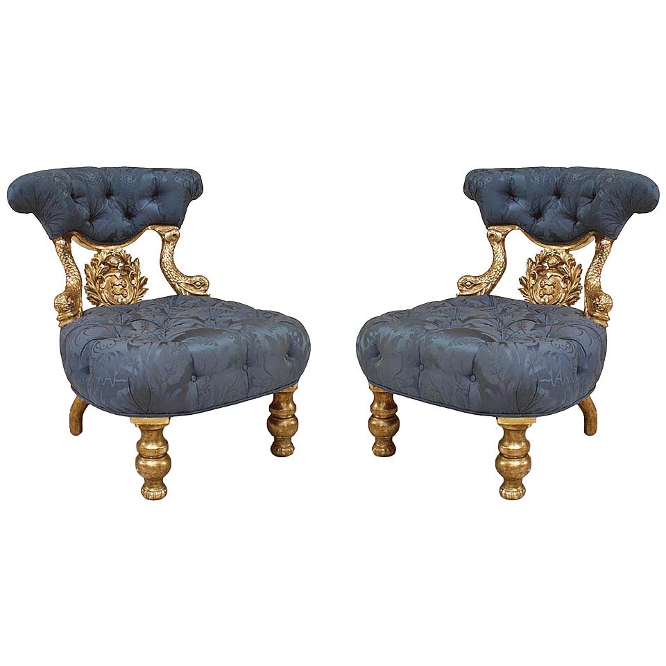 Pair of Italian Venetian Blue Tufted Chairs