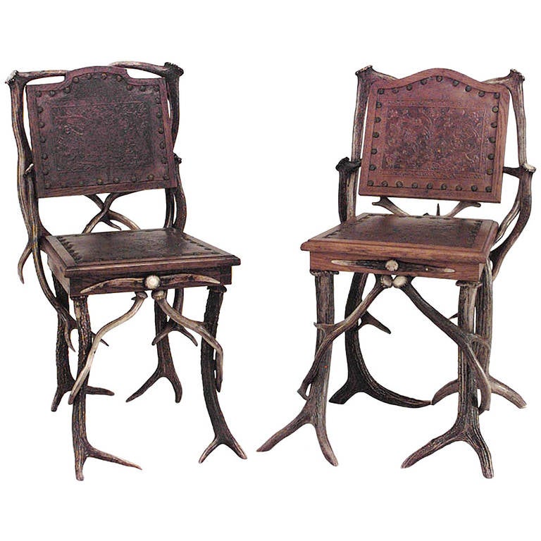 Pair of Similar 19th Century German Embossed Oak and Horn Side Chairs