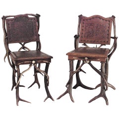 Pair of Rustic German Oak & Antler Leather Seat
