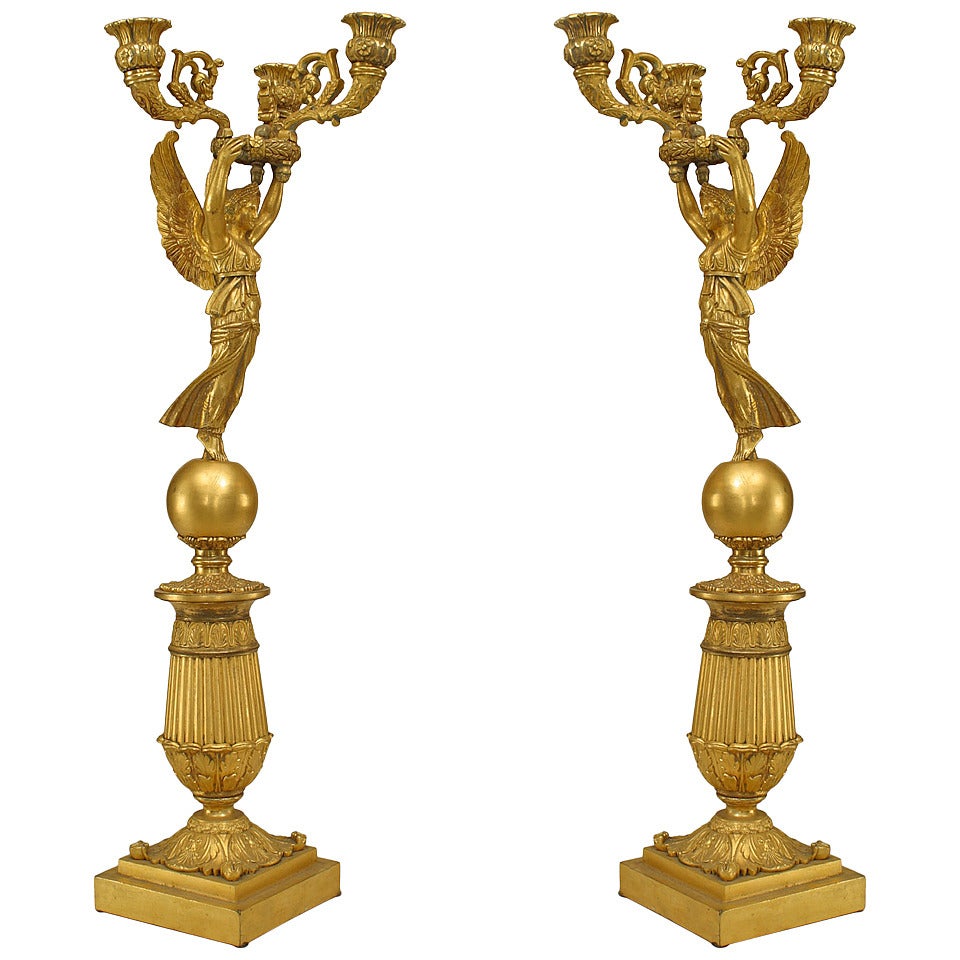 Pair of 19th c. French Empire Bronze Dore Nike Candelabra