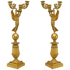 Pair of 19th c. French Empire Bronze Dore Nike Candelabra