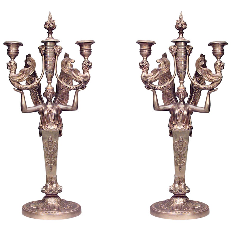 Pair of 19th Century French Empire Classicizing Bronze Dore Candelabra