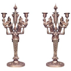 Pair of 19th Century French Empire Classicizing Bronze Dore Candelabra