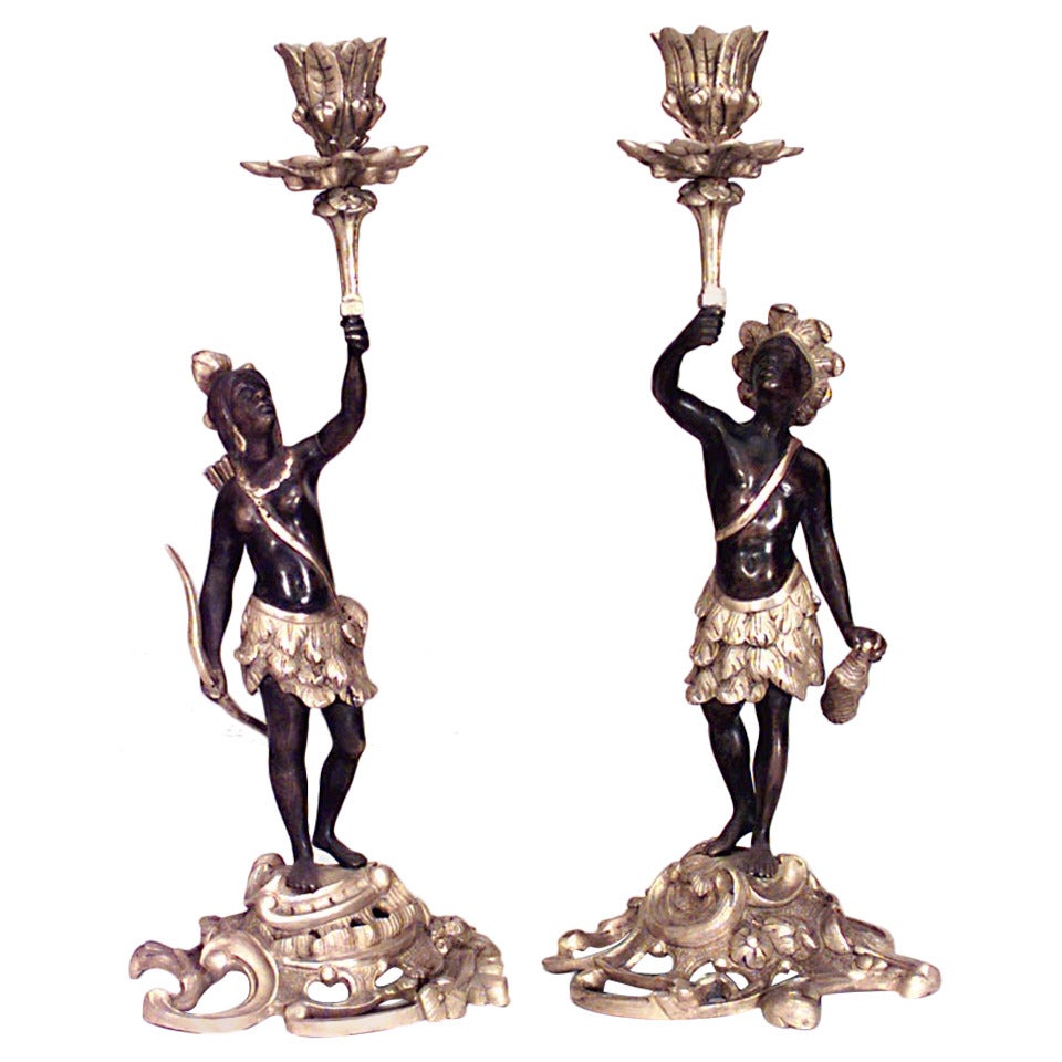 Pair of French Louis XV Bronze Dore Figural Candlesticks