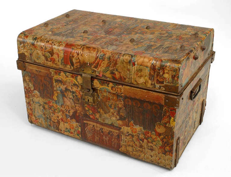 English Victorian style (20th Cent) decorated decoupage on tole floor trunk
