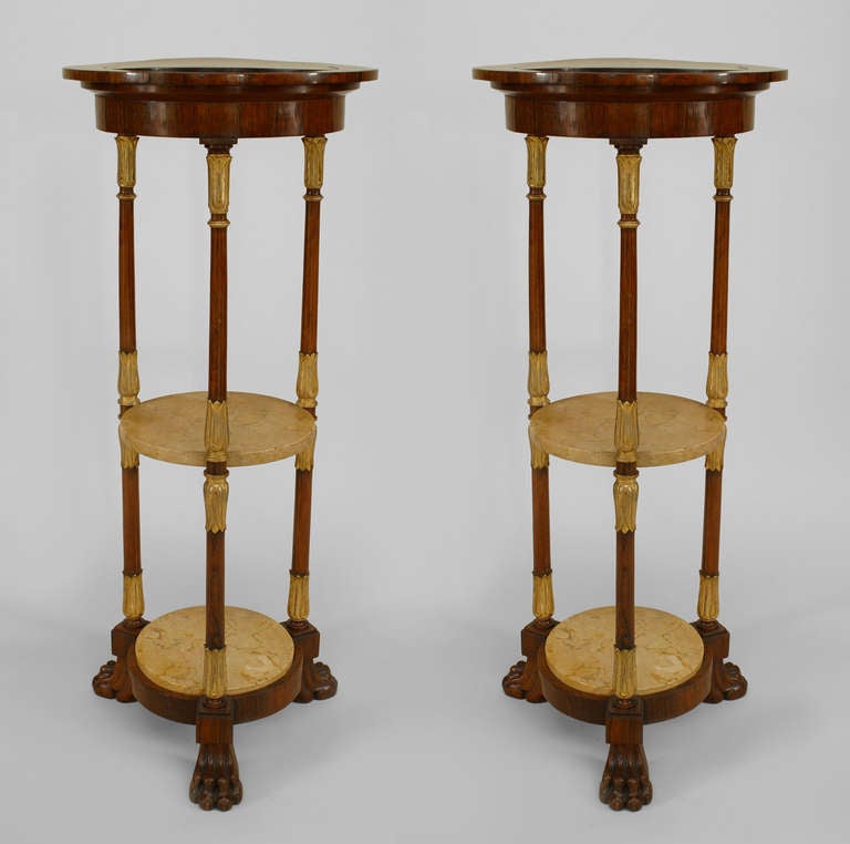 Pair of English Regency rosewood and gilt trimmed pedestals with 2 marble shelves and removable (planter) top.
