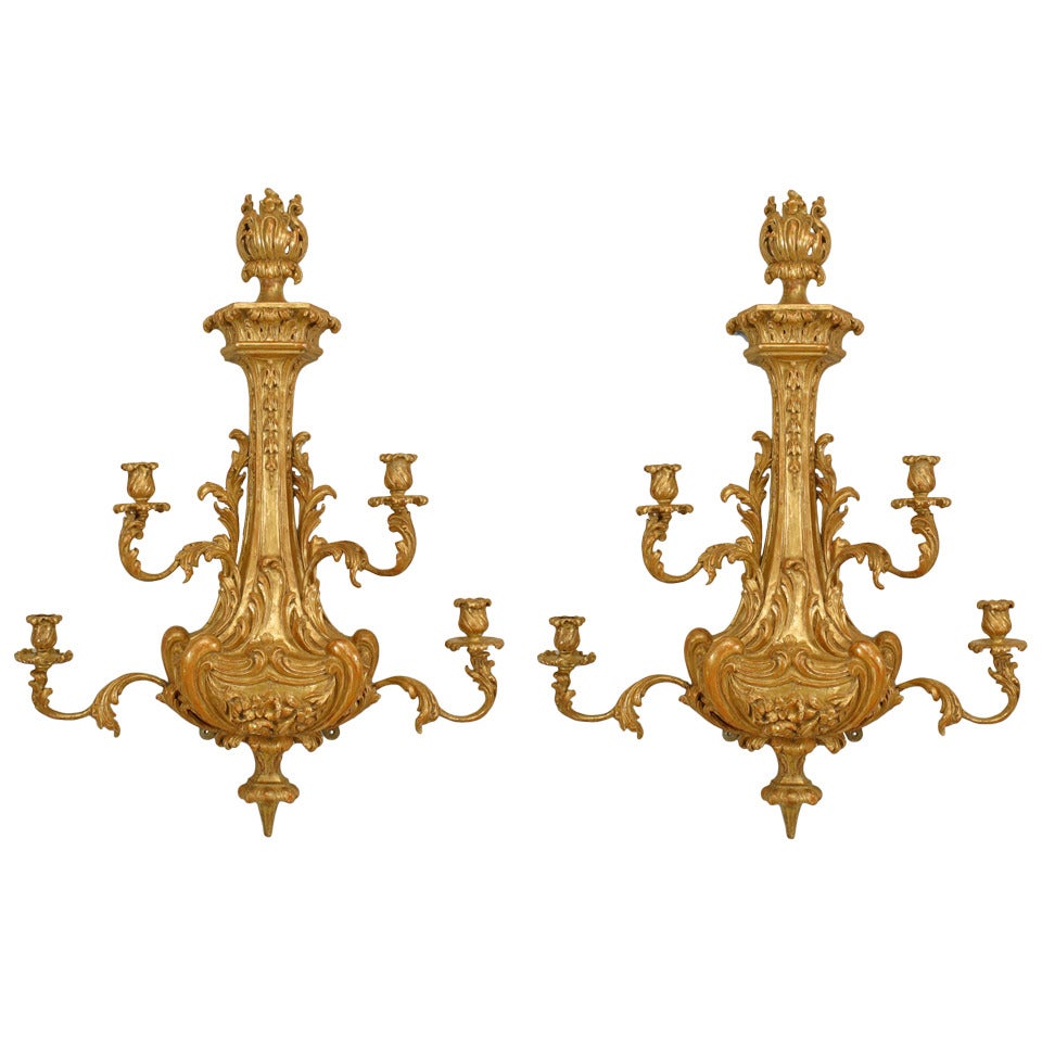 Pair of English Georgian Style Giltwood Floral Kettle Wall Sconces For Sale