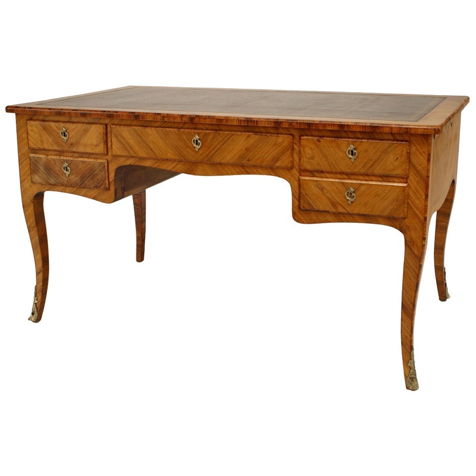 French Louis XV Style Kingwood Veneer Desk with Tooled Leather Top For Sale