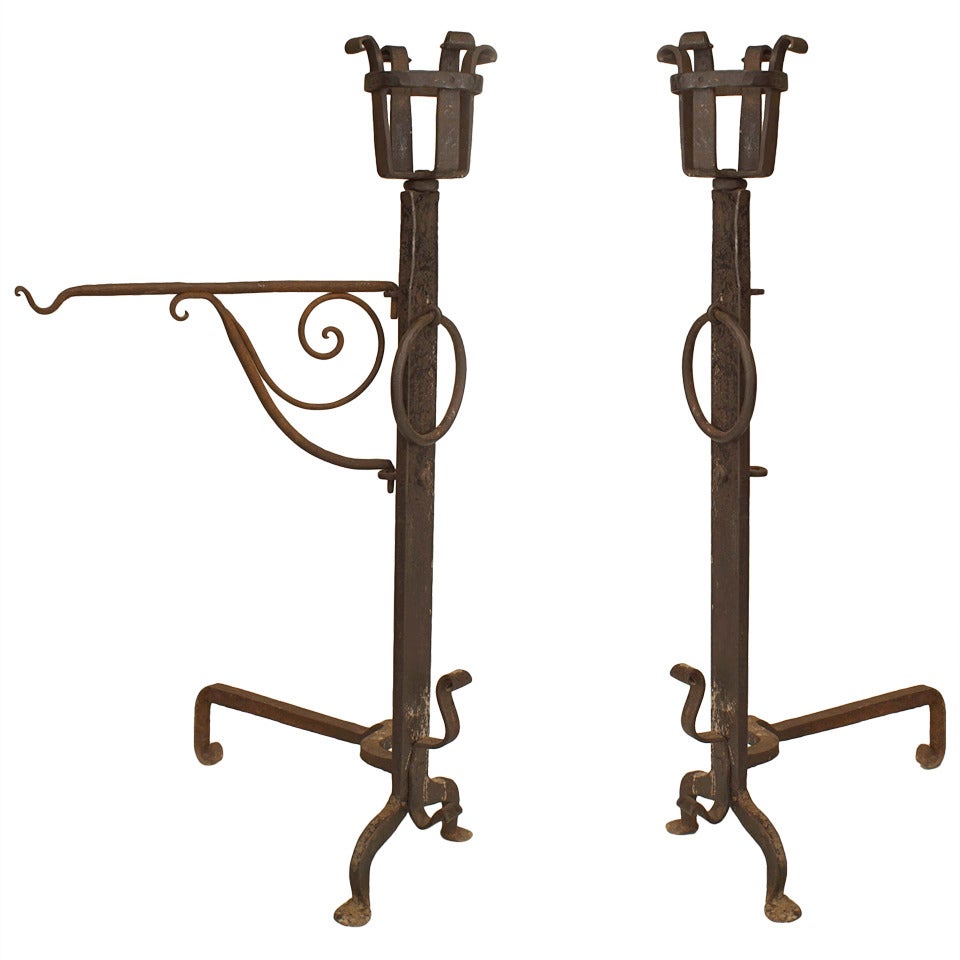 Pair of American Mission Monumental Wrought Iron Andirons For Sale