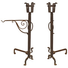 Antique Pair of American Mission Monumental Wrought Iron Andirons