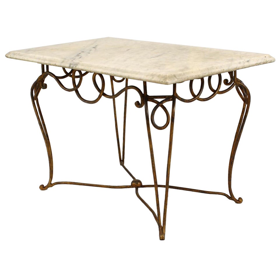 Rene Prou French Mid-Century White Marble and Gilt Iron Scroll Form Coffee Table For Sale