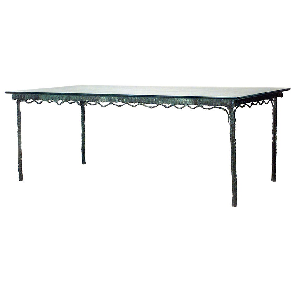 Mid-Century French Etched Glass and Verdigris Bronze Dining Table For Sale