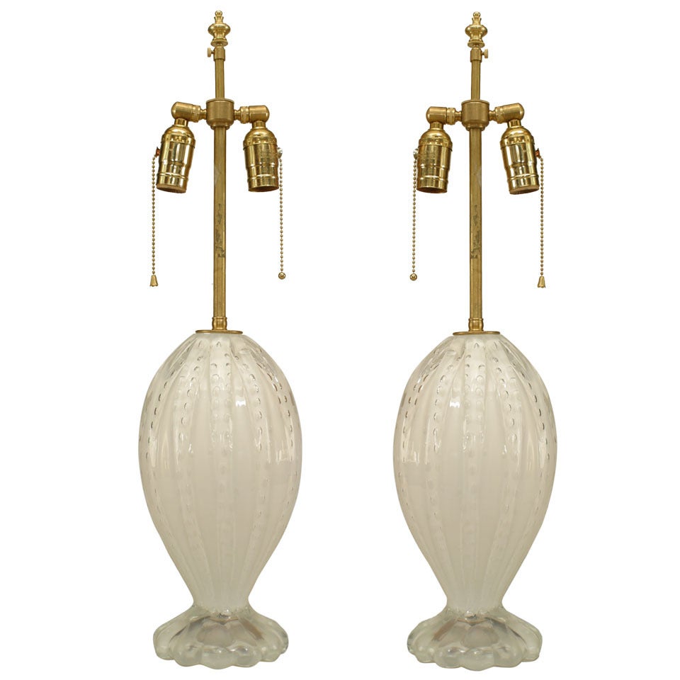 Pair of Italian Murano White Iridescent Glass Table Lamps For Sale