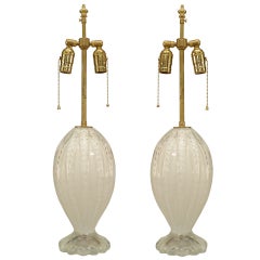 Pair of Italian Murano White Iridescent Glass Table Lamps
