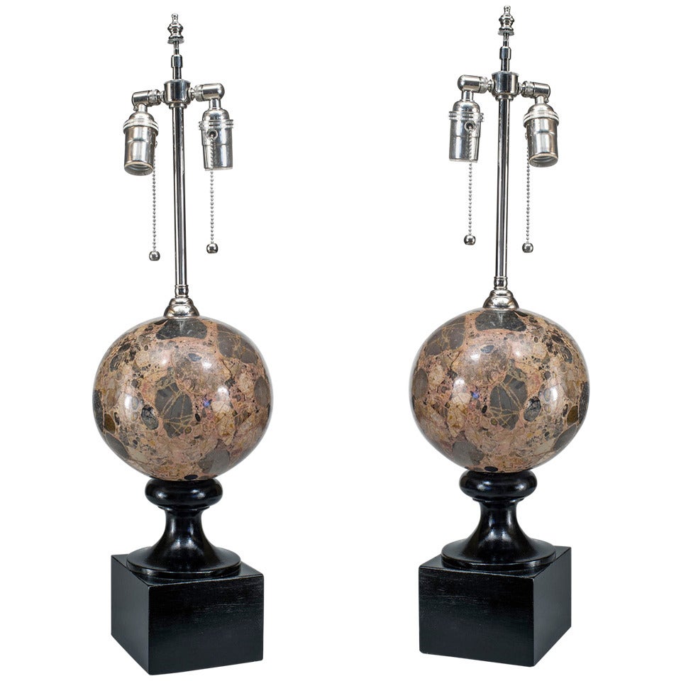 Pair of Italian Post-War Marble Sphere Table Lamps For Sale