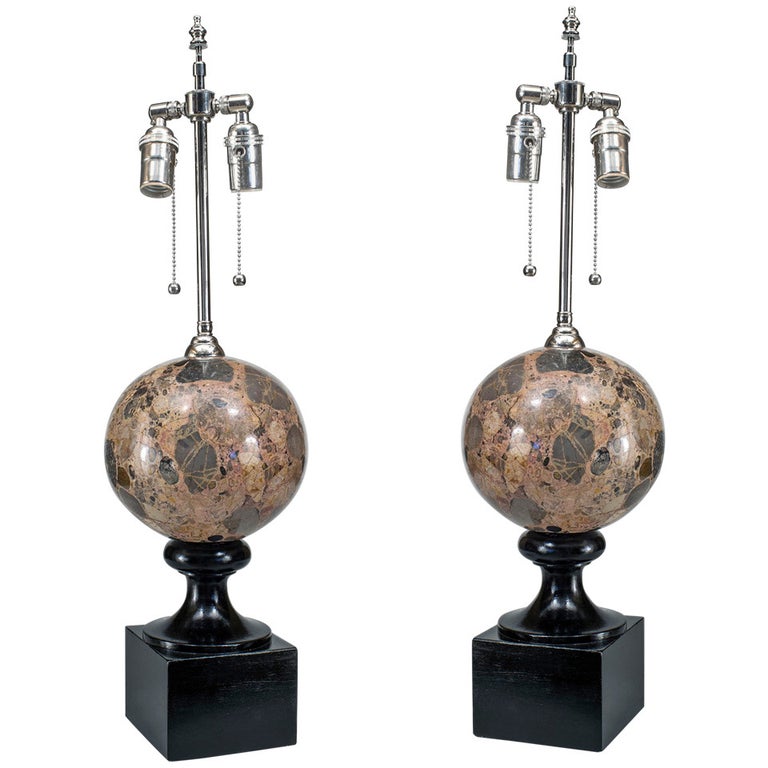 Pair of Italian Post-War Marble Sphere Table Lamps For Sale