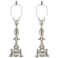 Pair of English Regency Style Silverplate Camel Table Lamps