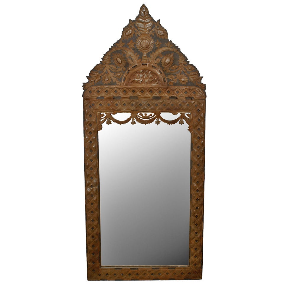 Mexican Stamped Metal and Ebonized Wood Pediment Top Wall Mirror For Sale