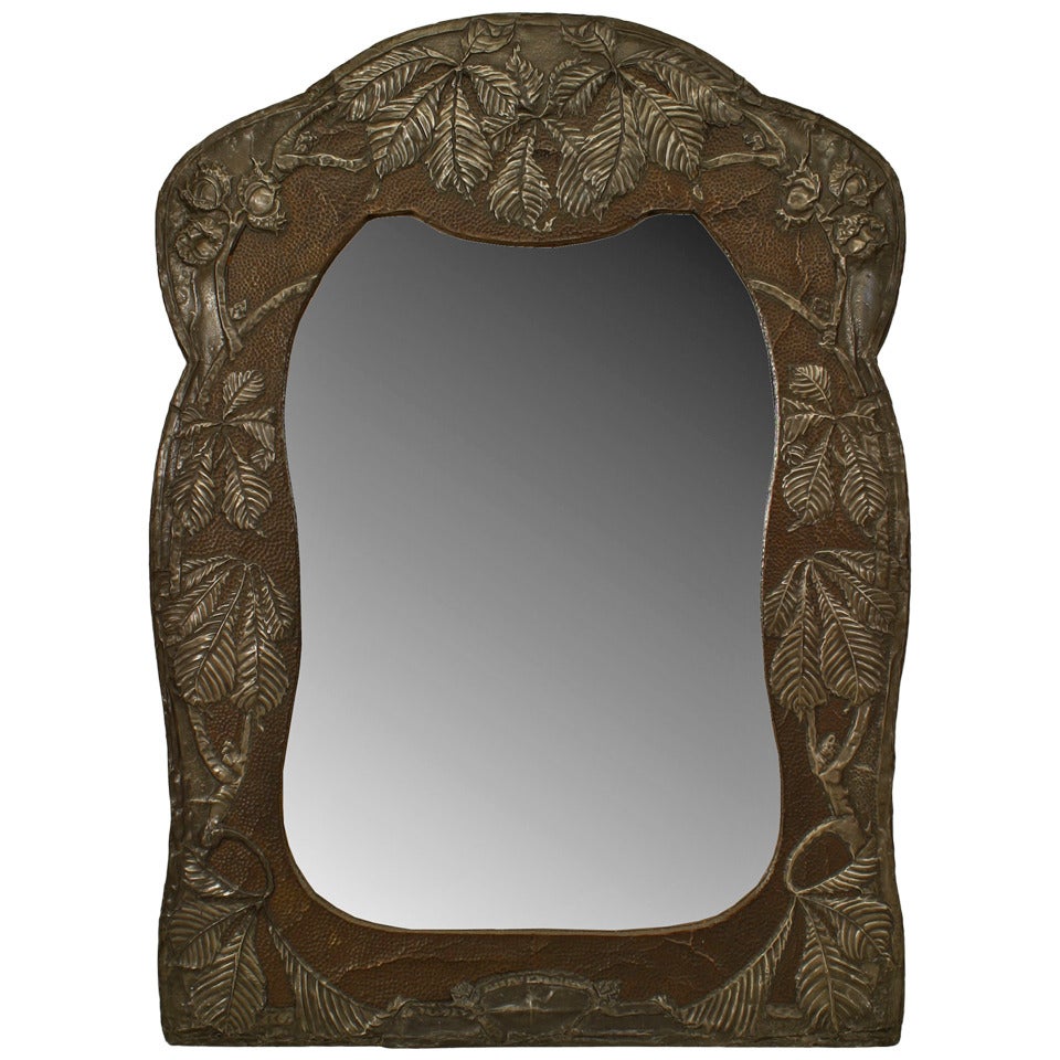 Art Nouveau Floral Embossed Metal Wall Mirror For Sale