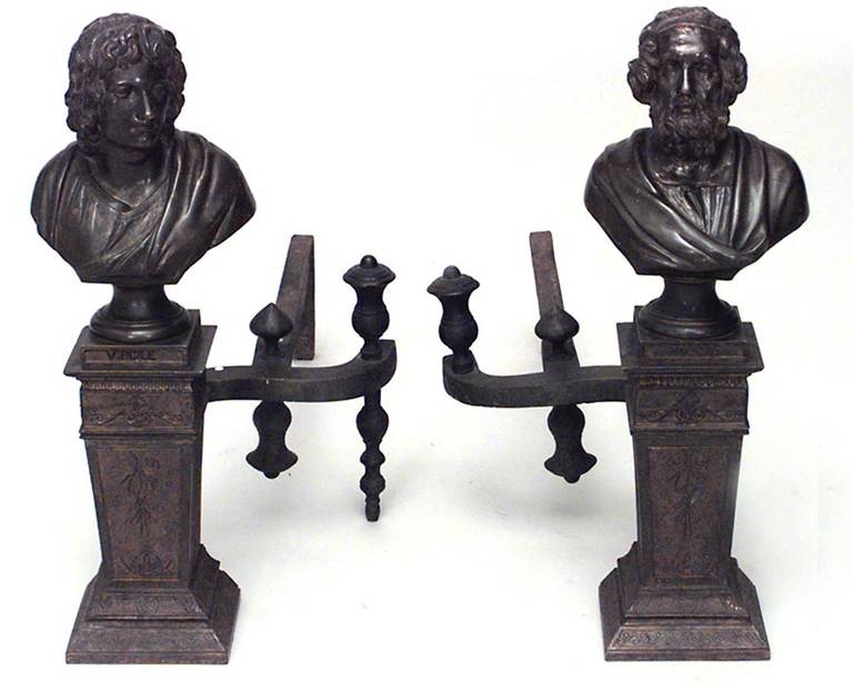 Pair of Italian Neo-classic-style (19th Century) bronze andirons of busts of Homer and Virgil on etched pedestal bases (PRICED AS Pair)
