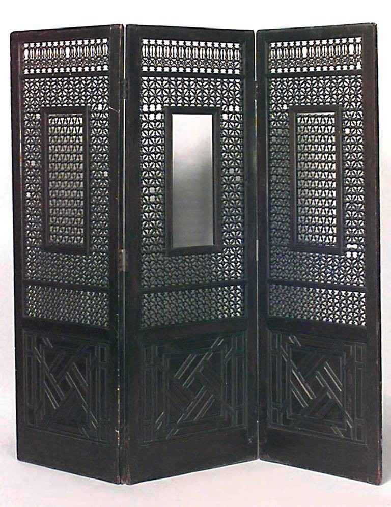 Nineteenth century Middle Eastern teak three-fold screen with a spindle and ball design and geometric design bottom panels.