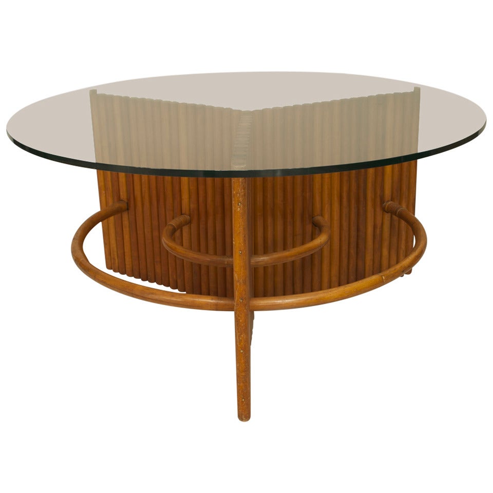 American Art Moderne Pine Faux Bamboo and Glass Coffee Table