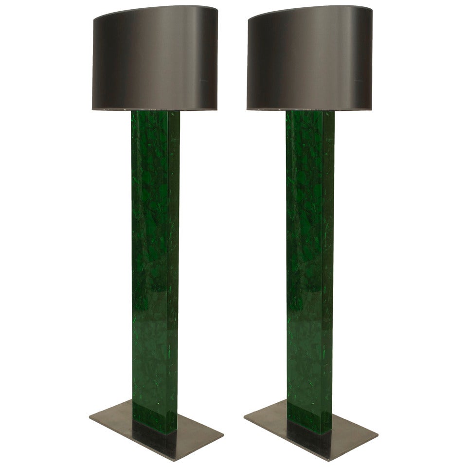 Pair of Mid-Century French Fouquieres Green Resin Floor Lamps